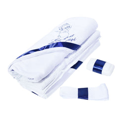 Set complet pentru botez, lumanare si trusou, alb-bleumarin, cu mesaj �Cu mult drag de la nasi� pentru botez, 7 piese, REC347