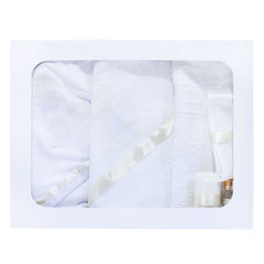 Set complet pentru botez, lumanare si trusou, alb-ivoire, cu mesaj �Cu mult drag de la nasi� pentru botez, 7 piese, REC351