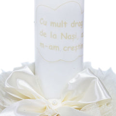 Set complet pentru botez, lumanare si trusou, alb-ivoire, cu mesaj �Cu mult drag de la nasi� pentru botez, 7 piese, REC351