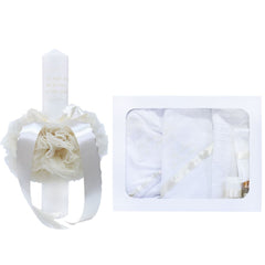Set complet pentru botez, lumanare si trusou, alb-ivoire, cu mesaj �Cu mult drag de la nasi� pentru botez, 7 piese, REC351