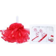 Set complet pentru botez, lumanare si trusou, alb-rosu, cu mesaj �Cu drag de la nasi�, 7 piese, REC371