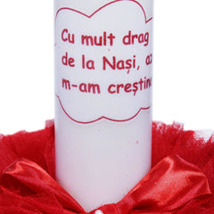 Set complet pentru botez, lumanare si trusou, alb-rosu, cu mesaj �Cu mult drag de la nasi� pentru botez, 7 piese, REC344