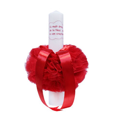 Set complet pentru botez, lumanare si trusou, alb-rosu, cu mesaj �Cu mult drag de la nasi� pentru botez, 7 piese, REC344