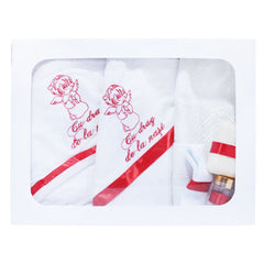Set complet pentru botez, lumanare si trusou, alb-rosu, cu mesaj �Cu mult drag de la nasi� pentru botez, 7 piese, REC344