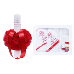 Set complet pentru botez, lumanare si trusou, alb-rosu, cu mesaj �Cu mult drag de la nasi� pentru botez, 7 piese, REC344
