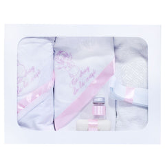 Set complet pentru botez, lumanare si trusou, alb-roz, cu mesaj �Cu mult drag de la nasi� pentru botez, 7 piese, REC346