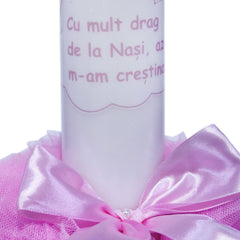 Set complet pentru botez, lumanare si trusou, alb-roz, cu mesaj �Cu mult drag de la nasi� pentru botez, 7 piese, REC346