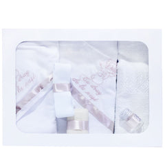 Set complet pentru botez, lumanare si trusou, alb-roz pudrat, cu mesaj �Cu mult drag de la nasi� pentru botez, 7 piese, REC350