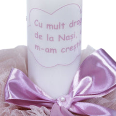 Set complet pentru botez, lumanare si trusou, alb-roz pudrat, cu mesaj �Cu mult drag de la nasi� pentru botez, 7 piese, REC350