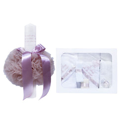 Set complet pentru botez, lumanare si trusou, alb-roz pudrat, cu mesaj �Cu mult drag de la nasi� pentru botez, 7 piese, REC350