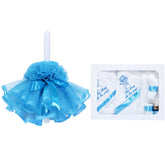 Set complet pentru botez, lumanare si trusou, alb-turcoaz, cu mesaj �Cu drag de la nasi�, 7 piese, REC405