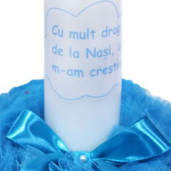 Set complet pentru botez, lumanare si trusou, alb-turcoaz, cu mesaj �Cu mult drag de la nasi� pentru botez, 7 piese, REC345