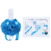 Set complet pentru botez, lumanare si trusou, alb-turcoaz, cu mesaj �Cu mult drag de la nasi� pentru botez, 7 piese, REC345