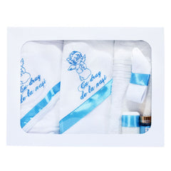 Set complet pentru botez, lumanare si trusou, alb-turcoaz, cu mesaj �Cu mult drag de la nasi� pentru botez, 7 piese, REC345