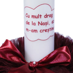 Set complet pentru botez, lumanare si trusou, alb-visiniu, cu mesaj �Cu mult drag de la nasi� pentru botez, 7 piese, REC348