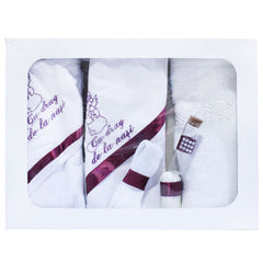 Set complet pentru botez, lumanare si trusou, alb-visiniu, cu mesaj �Cu mult drag de la nasi� pentru botez, 7 piese, REC348