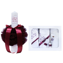 Set complet pentru botez, lumanare si trusou, alb-visiniu, cu mesaj �Cu mult drag de la nasi� pentru botez, 7 piese, REC348