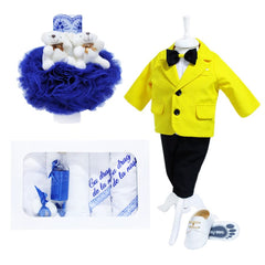 Set complet pentru botez, lumanare tip glob cu doi ursuleti, costum, trusou brodat "Cu drag de la nasi" si pantofiori, galben-albastru electric, 14 piese, REC885