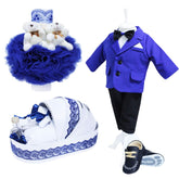 Set complet pentru botez, lumanare tip glob cu doi ursuleti de plus atasati, costum albastru-electric, trusou brodat cu mesajul "Azi m-am crestinat" si pantofiori, 13 piese, REC897