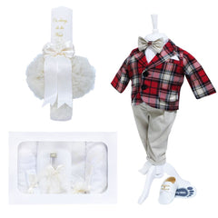 Set complet pentru botez, lumanare tip glob "Cu drag de la nasi", costum, trusou brodat " Cu drag de la nasi" si pantofiori, crem-cadouri, 14 piese, REC882