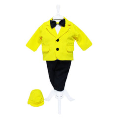 Set complet pentru botez, lumanare tip glob cu Minion, costum, trusou brodat cu Minion si pantofiori, galben-albastru, 14 piese, REC883