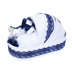 Set complet pentru botez, lumanare tip glob si trusou, alb-bleumarin, cu mesaj �Azi m-am crestinat�, 7 piese, REC375