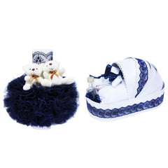 Set complet pentru botez, lumanare tip glob si trusou, alb-bleumarin, cu mesaj �Azi m-am crestinat�, 7 piese, REC375