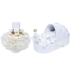 Set complet pentru botez, lumanare tip glob si trusou, alb-ivoire, cu mesaj �Azi m-am crestinat�, 7 piese, REC374