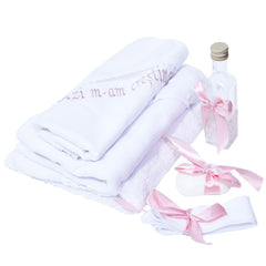 Set complet pentru botez, lumanare tip glob si trusou, alb-roz, cu mesaj �Azi m-am crestinat�, 7 piese, REC372