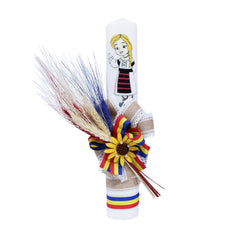 Set complet pentru botez, lumanare traditionala si trusou tip landou traditional, spice de grau brodate pe trusou, 7 piese, REC387