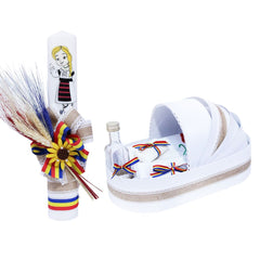 Set complet pentru botez, lumanare traditionala si trusou tip landou traditional, spice de grau brodate pe trusou, 7 piese, REC387