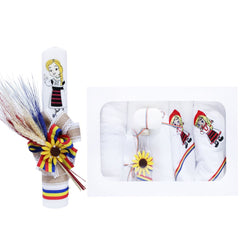 Set complet pentru botez, lumanare traditionala si trusou traditional, tarancuta brodata pe trusou, 8 piese, REC382