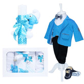 Set complet pentru botez, lumanare turcoaz accesorizata cu jucarie bebe strumf de plus, costum turcoaz din bumbac, trusou brodat cu strumfi si pantofiori, 14 piese, REC911