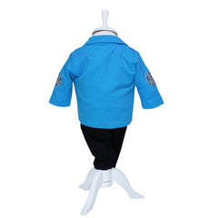 Set complet pentru botez, lumanare turcoaz accesorizata cu jucarie bebe strumf de plus, costum turcoaz din bumbac, trusou brodat cu strumfi si pantofiori, 14 piese, REC911