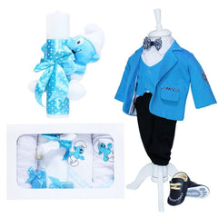 Set complet pentru botez, lumanare turcoaz accesorizata cu jucarie bebe strumf de plus, costum turcoaz din bumbac, trusou brodat cu strumfi si pantofiori, 14 piese, REC911