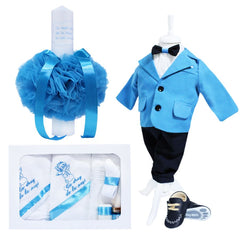 Set complet pentru botez, lumanare turcoaz "Cu drag de la nasi", costum, trusou brodat " cu drag de la nasi" si pantofiori, turcoaz-alb, 13 piese, REC887
