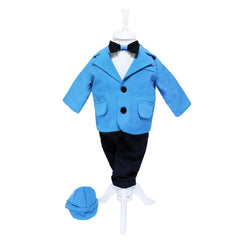 Set complet pentru botez, lumanare turcoaz cu strumf, costum, trusou brodat cu strumfi si pantofiori, turcoaz-alb, 14 piese, REC886