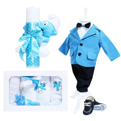 Set complet pentru botez, lumanare turcoaz cu strumf, costum, trusou brodat cu strumfi si pantofiori, turcoaz-alb, 14 piese, REC886