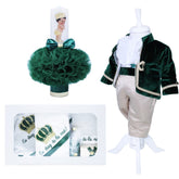 Set complet pentru botez, lumanare verde cu tulle verde si bebe print, trusou brodat cu coroana si mesajul "Cu drag de la nasi", 7 piese, costum Micul print format din 4 piese, REC1296