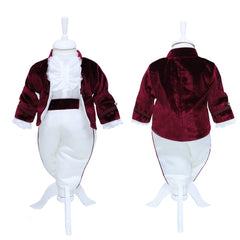 Set complet pentru botez, lumanare visiniu cu papion si coroana de print, trusou brodat cu coroana si mesajul "Cu drag de la nasi", 7 piese, costum Micul print format din 4 piese, REC1290