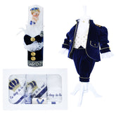 Set complet pentru botez, Micul Print, lumanare cu papion bleumarin si bebe print aplicat pe lumanare, costum din catifea bleumarin, trusou brodat cu coroana de print si mesajul "Cu drag de la nasi", 14 piese, REC903