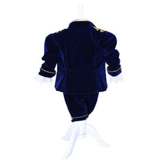 Set complet pentru botez, Micul Print, lumanare cu papion bleumarin si bebe print aplicat pe lumanare, costum din catifea bleumarin, trusou brodat cu coroana de print si mesajul "Cu drag de la nasi", 14 piese, REC903