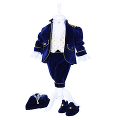 Set complet pentru botez, Micul Print, lumanare cu papion bleumarin si bebe print aplicat pe lumanare, costum din catifea bleumarin, trusou brodat cu coroana de print si mesajul "Cu drag de la nasi", 14 piese, REC903