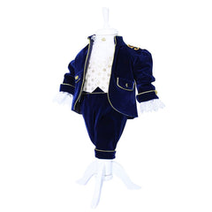 Set complet pentru botez, Micul Print, lumanare cu papion bleumarin si bebe print aplicat pe lumanare, costum din catifea bleumarin, trusou brodat cu coroana de print si mesajul "Cu drag de la nasi", 14 piese, REC903