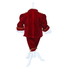 Set complet pentru botez, Micul Print, lumanare cu papion visiniu si bebe print aplicat pe lumanare, costum din catifea visiniu, trusou brodat cu coroana de print si mesajul "Cu drag de la nasi", 14 piese, REC905