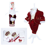 Set complet pentru botez, Micul Print, lumanare cu papion visiniu si bebe print aplicat pe lumanare, costum din catifea visiniu, trusou brodat cu coroana de print si mesajul "Cu drag de la nasi", 14 piese, REC905