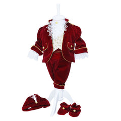 Set complet pentru botez, Micul Print, lumanare cu papion visiniu si bebe print aplicat pe lumanare, costum din catifea visiniu, trusou brodat cu coroana de print si mesajul "Cu drag de la nasi", 14 piese, REC905