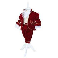 Set complet pentru botez, Micul Print, lumanare cu tulle crem si bebe print aplicat pe lumanare, costum din catifea visiniu, trusou brodat cu coroana de print si mesajul "Cu drag de la nasi", 14 piese, REC906