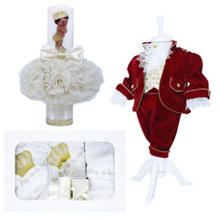 Set complet pentru botez, Micul Print, lumanare cu tulle crem si bebe print aplicat pe lumanare, costum din catifea visiniu, trusou brodat cu coroana de print si mesajul "Cu drag de la nasi", 14 piese, REC906