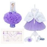 Set complet pentru botez pentru fete, lumanare lila cu bebe printesa, trusou brodat cu mesajul "Cu drag de la nasi", 8 piese, rochie compusa din 4 piese, REC1312